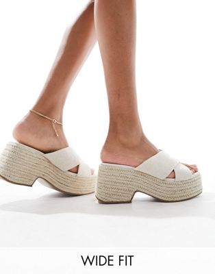 Asos Design Wide Fit Toy Cross Strap Wedges In Natural Fabrication-neutral