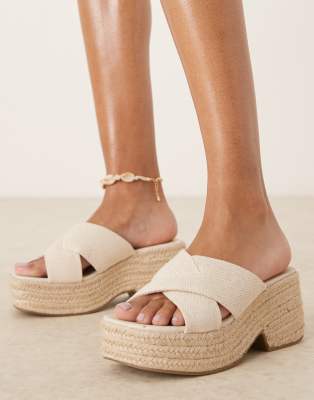 Asos Design Wide Fit Toy Cross Strap Wedges In Neutral