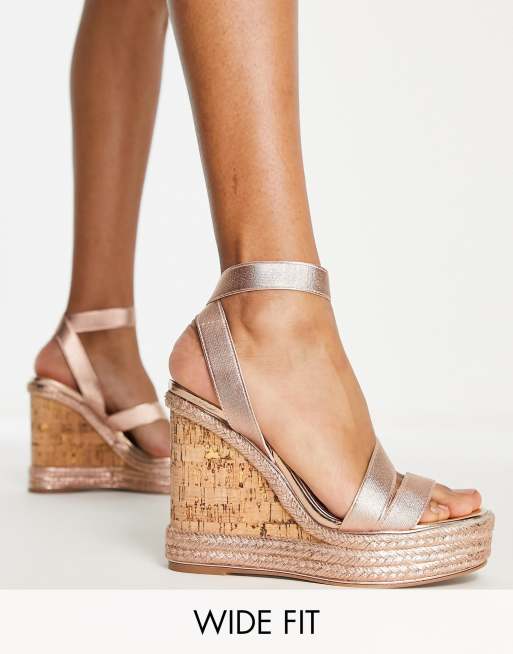 ASOS DESIGN Wide Fit Trinity elastic strappy wedges in rose gold