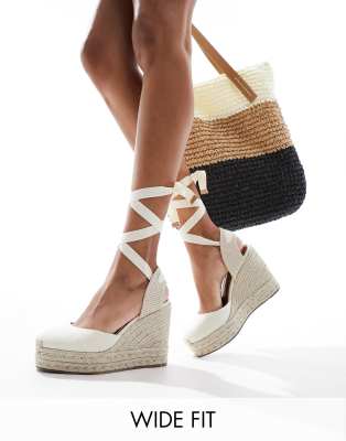 ASOS DESIGN Wide Fit Tyra closed toe wedges in natural linen-Neutral