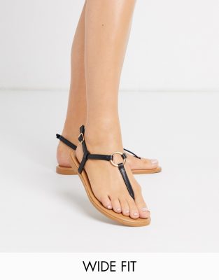 ASOS DESIGN Wide Fit Valentina ring flat sandals in black | ASOS