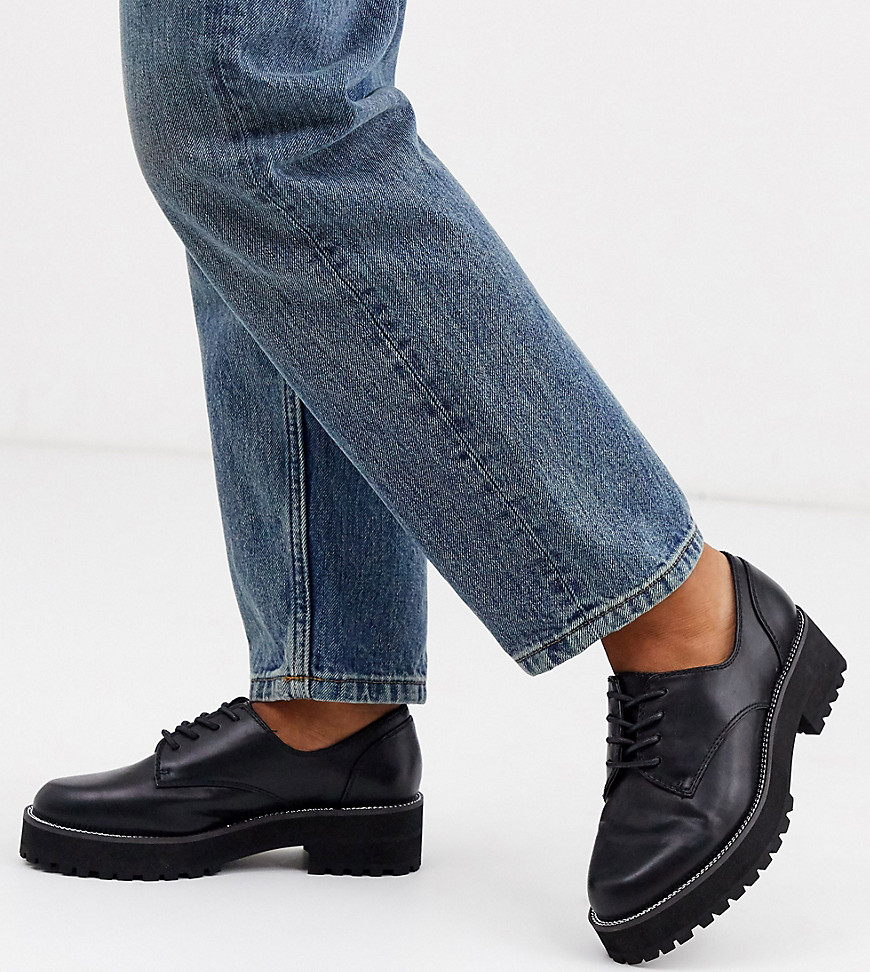 ASOS DESIGN Wide Fit Valve chunky lace up flat shoes with chain detail in black