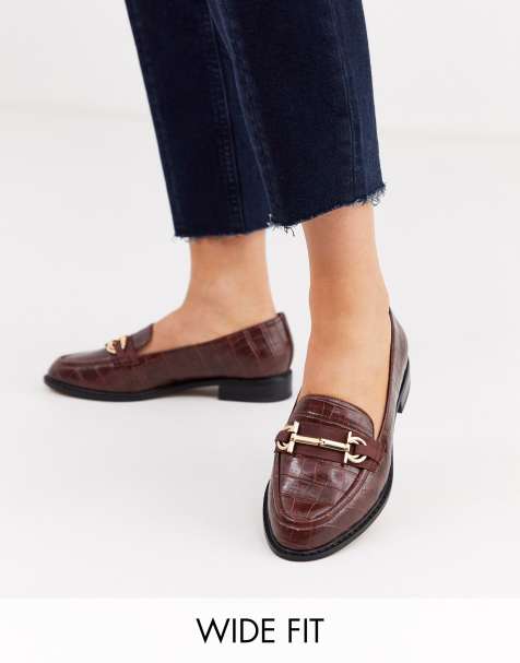 ASOS DESIGN Wide Fit – Vapor – Schokoladenbraune Loafer mit Trensendetail und Kroko-Optik