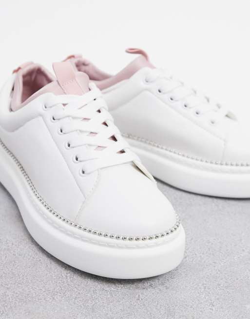 ASOS DESIGN Wide Fit Varied chunky lace up sneakers in white/pink, 3 of 4