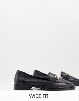 Asos Design Wide Fit Verity Loafer Flat Shoes With Trim In Black In Black