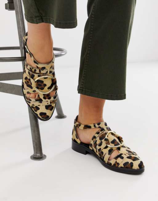 ASOS DESIGN Wide Fit Villa premium leather flat shoes in leopard