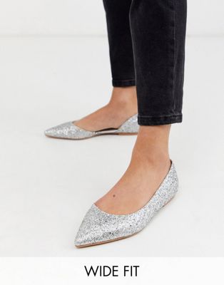 Asos Design Wide Fit Virtue D'orsay Pointed Ballet Flats In Silver ...
