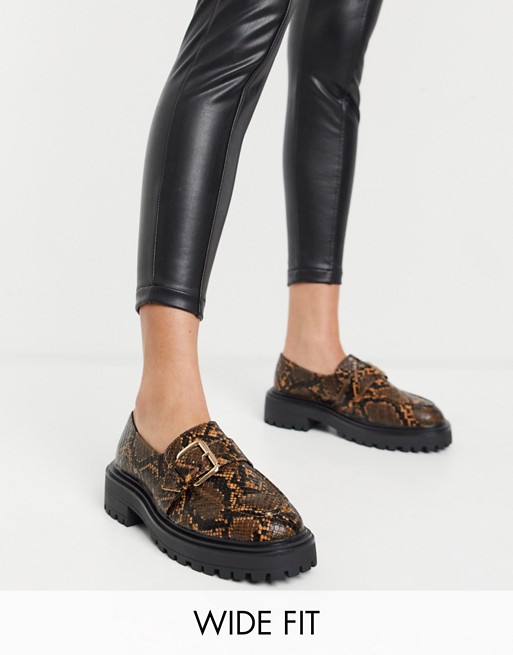 ASOS DESIGN Wide Fit Vivienne chunky loafers in brown snake