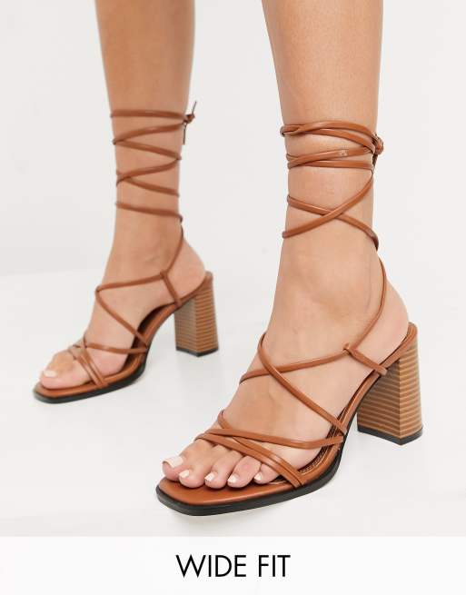 ASOS DESIGN Wide Fit Waterlily tie leg mid heeled sandals in tan