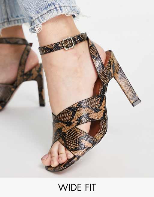 ASOS DESIGN Wide Fit Wayside cross strap high heeled sandals in snake ...