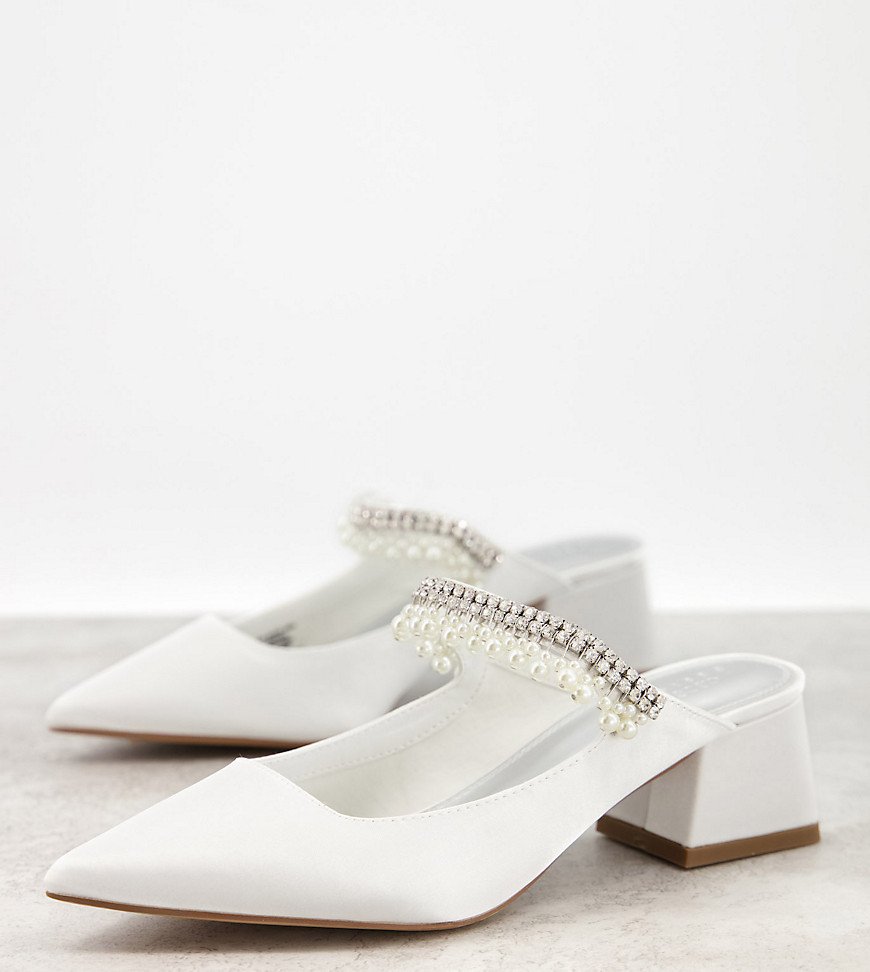 ASOS DESIGN Wide Fit Webster embellished heeled mules in ivory-White