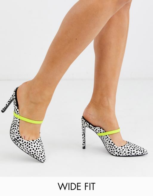 ASOS DESIGN Wide Fit Welcome high mules in black/white and lime | ASOS
