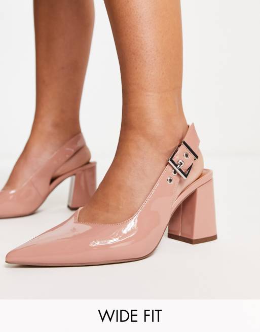 ASOS DESIGN Wide Fit West – Beżowe buty z imitacji skóry węża, z paskiem na pięcie i na klockowym obcasie