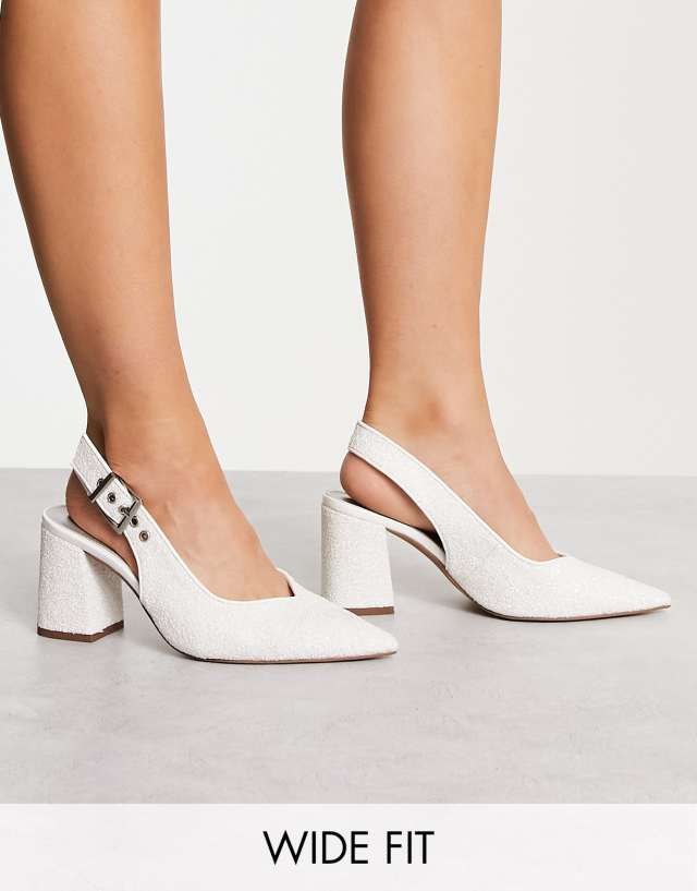 ASOS DESIGN Wide Fit West slingback block heeled shoes in ivory glitter