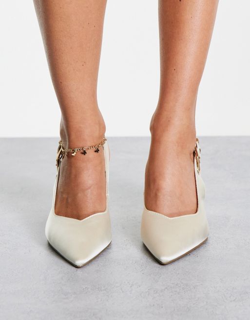 ASOS Design Wide Fit West Slingback Block Heeled Shoes in Ivory glitter-White