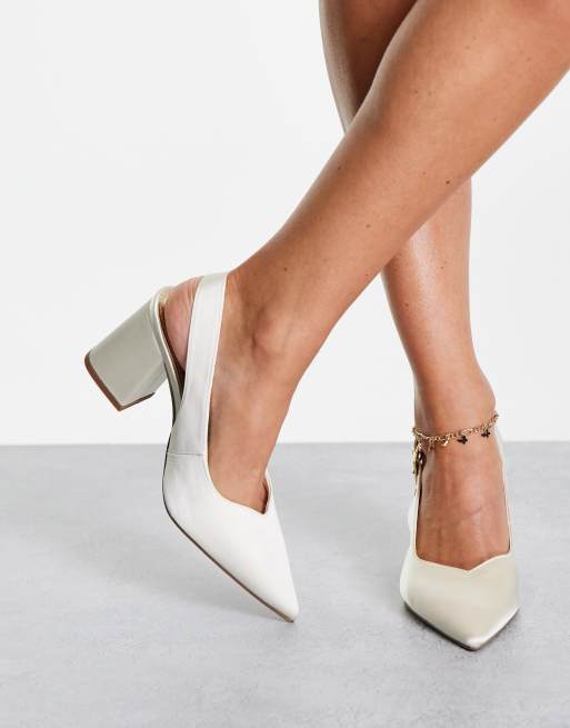 ASOS Design Wide Fit West Slingback Block Heeled Shoes in Ivory glitter-White