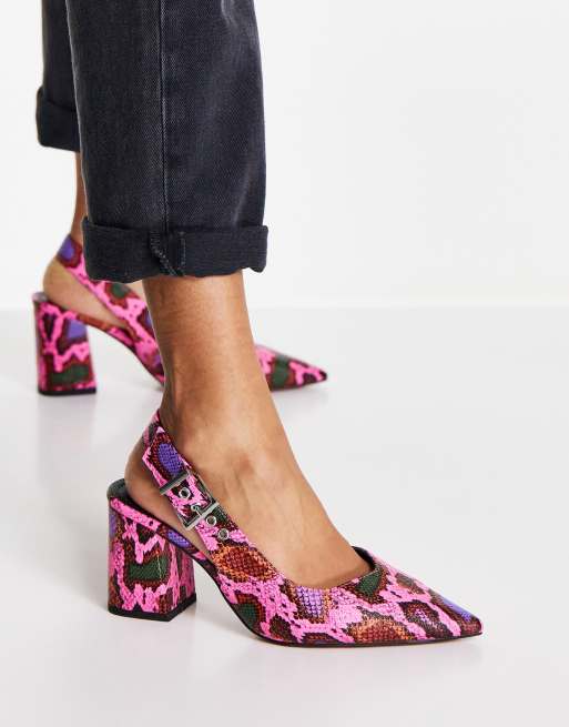 ASOS DESIGN Wide Fit West slingback block heeled shoes in pink snake, 3 of 4