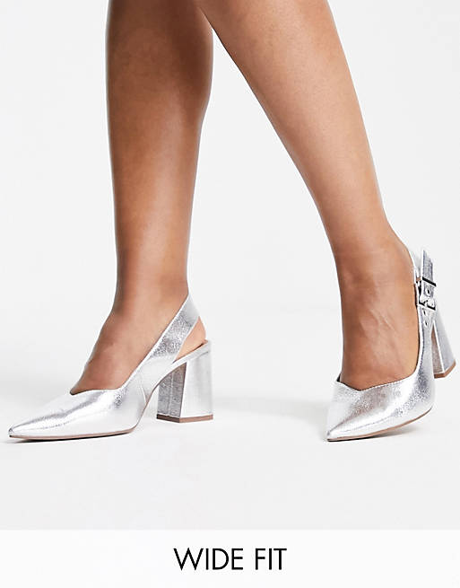 ASOS DESIGN Wide Fit West slingback block heeled shoes in silver
