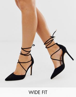 ASOS DESIGN Wide Fit Whisper tie leg high stiletto heels in black | ASOS