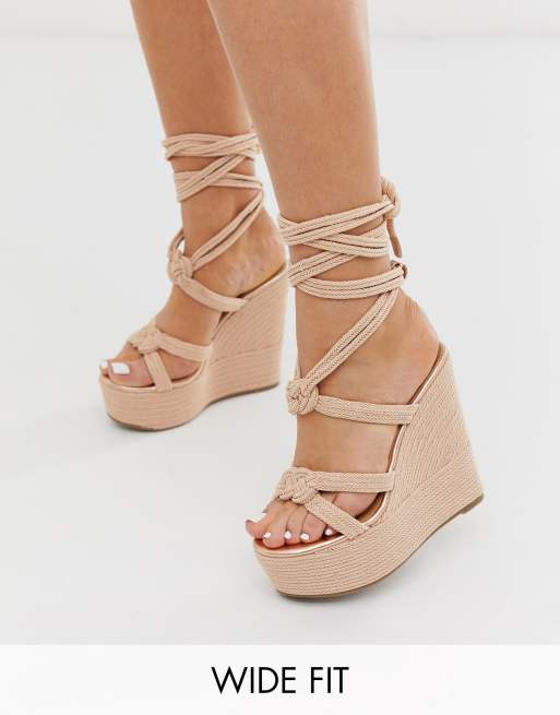 ASOS DESIGN Wide Fit Will Power tie leg rope wedges in rose gold | ASOS