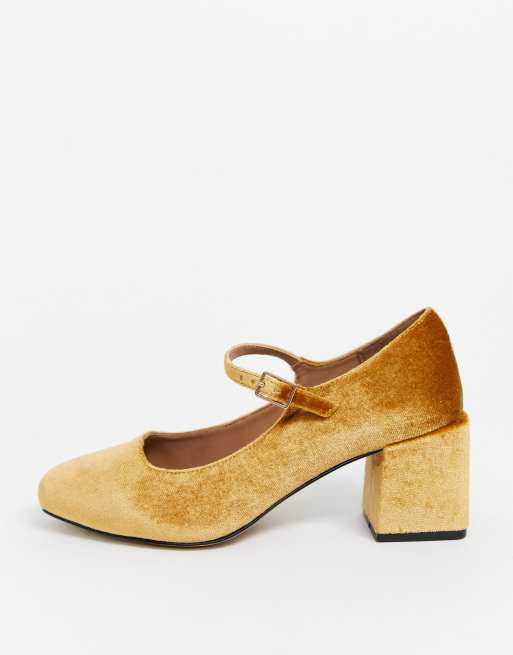 ASOS DESIGN Wide Fit Willing mary jane block heels in ochre velvet