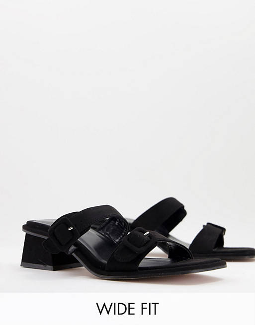 ASOS DESIGN Wide Fit Willow buckle detail heeled mules in black