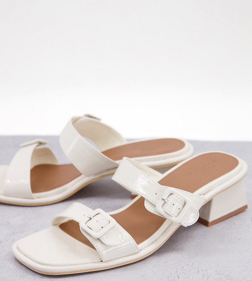 ASOS DESIGN Wide Fit Willow buckle detail heeled mules in white patent