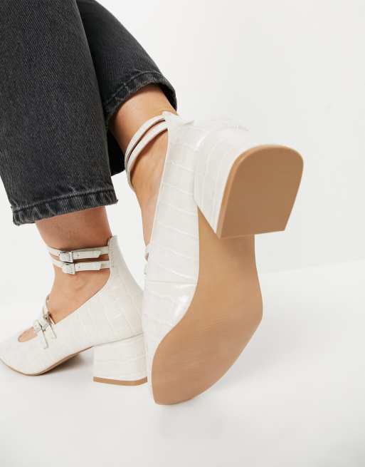 ASOS DESIGN Wide Fit Wilma mary jane mid heels in off white ASOS