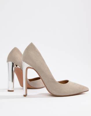 gray high heel pumps