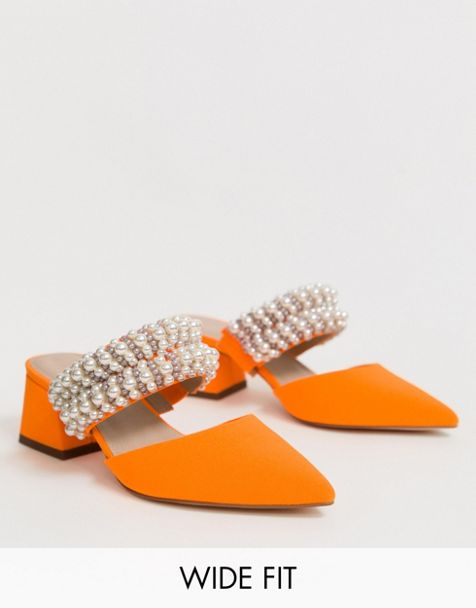 ASOS DESIGN Wide Fit Wings pearl embellished block heeled mules in neon orange