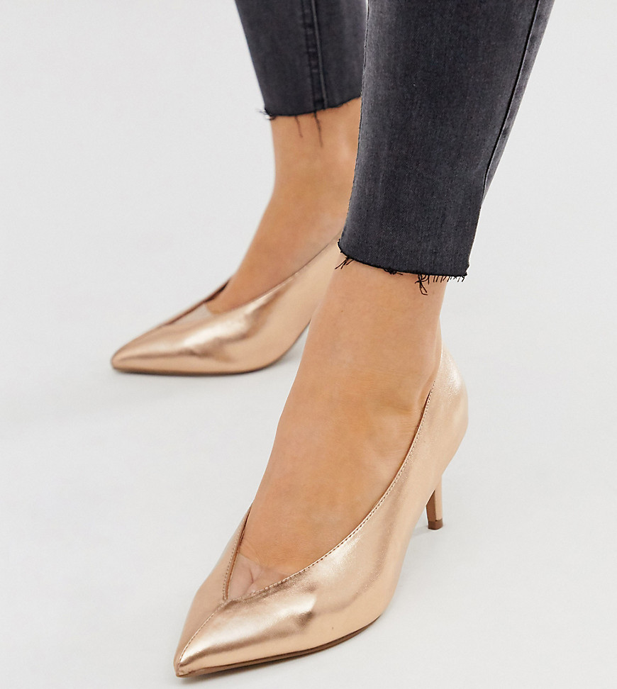 ASOS DESIGN Wide Fit Winner mid heeled court shoes in rose gold glitter