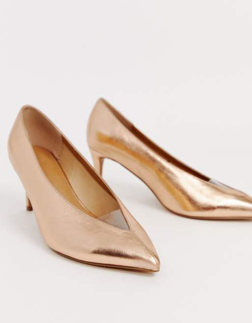 ASOS DESIGN Wide Fit Winner mid heeled pumps in rose gold glitter