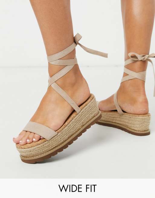 ASOS DESIGN Wide Fit Winnie tie leg espadrille flatforms in beige