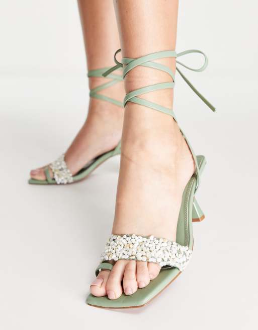 ASOS Fit Wish shell detail mid heeled sandals sage green | ASOS