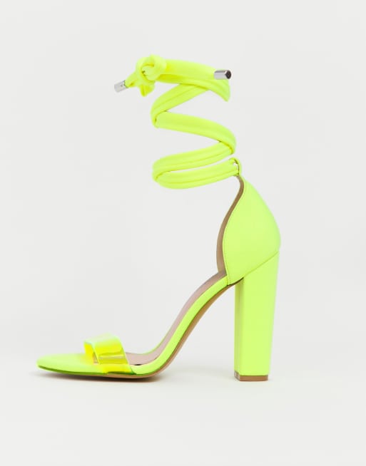 ASOS DESIGN Wide Fit Witness clear barely there block heeled sandals in neon yellow