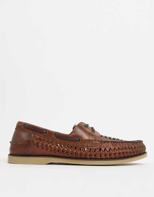 ASOS DESIGN Wide Fit woven boat shoes in tan leather with gum sole