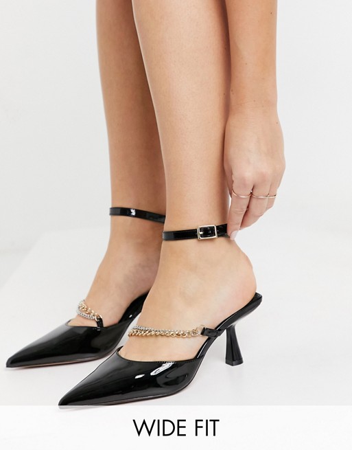 ASOS DESIGN Wide Fit Wren chain detail mid heels in black