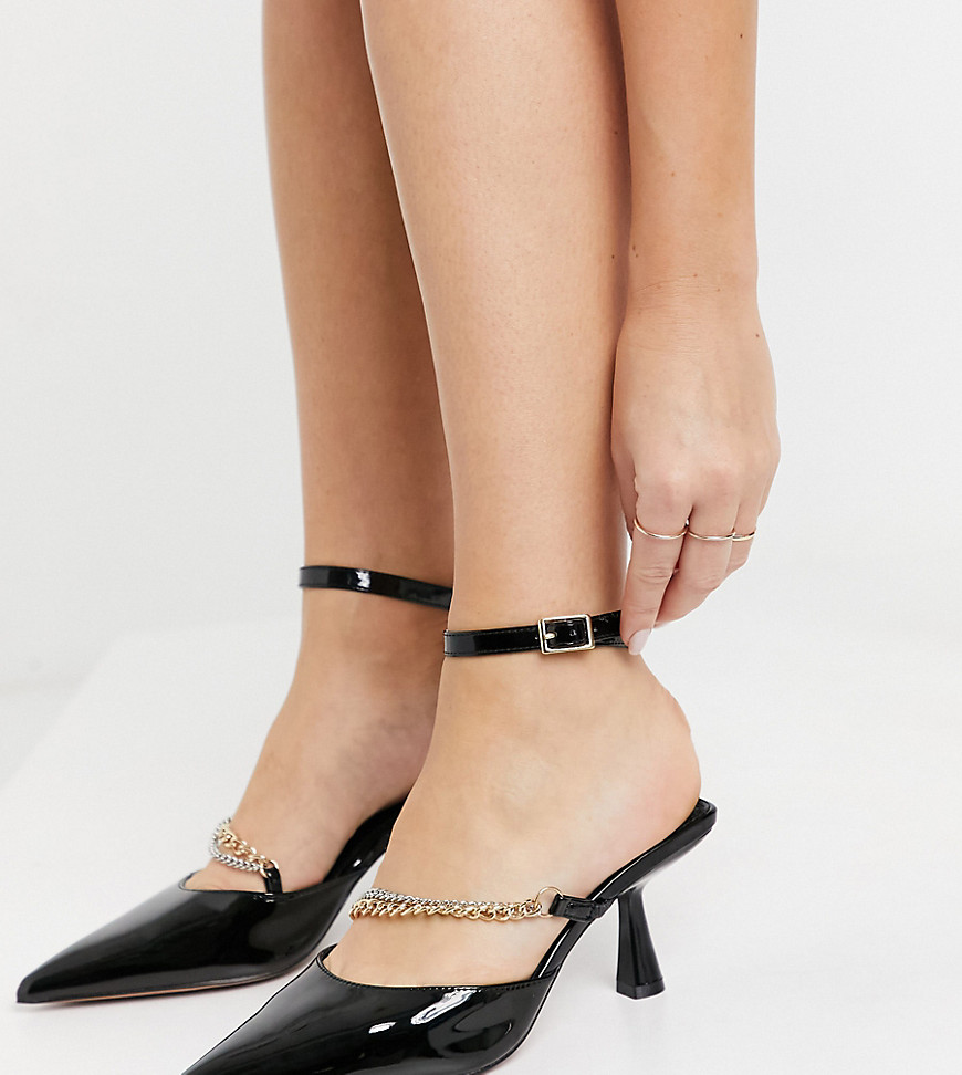 ASOS DESIGN Wide Fit Wren chain detail mid heels in black