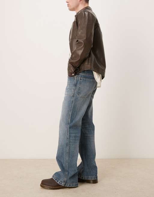 ASOS DESIGN wide flare jeans with seam detail in mid wash blue, 2 of 5