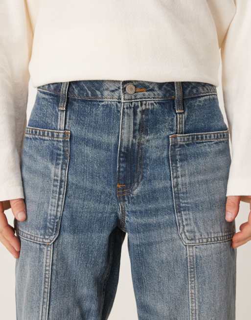 ASOS DESIGN wide flare jeans with seam detail in mid wash blue, 5 of 5
