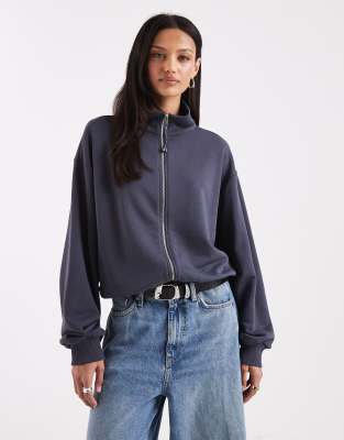 Asos Design Wide Funnel Neck Zip Up Sweatshirt In Blue