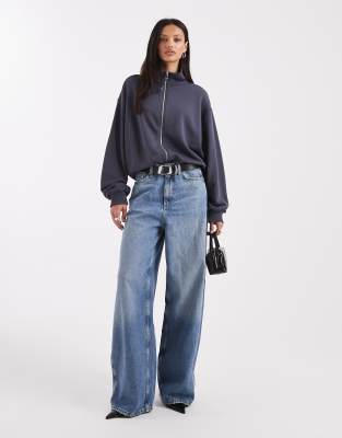 Asos Design Wide Funnel Neck Zip Up Sweatshirt In Blue