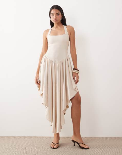 ASOS DESIGN wide halter neck maxi dress in washed linen with volume skirt in off-white - view 1