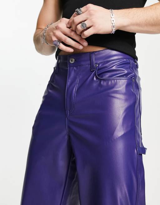 ASOS DESIGN wide hem baggy jeans in purple leather look with carpenter  detail