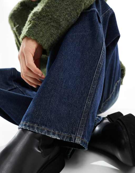 ASOS DESIGN wide hem baggy jeans with dart detail in dark wash blue, 4 of 5