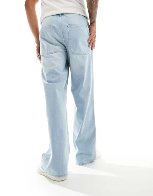 ASOS DESIGN wide hem baggy jeans with self tie in power blue wash, 3 of 5