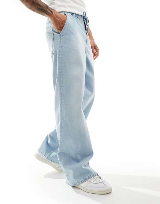 ASOS DESIGN wide hem baggy jeans with self tie in power blue wash, 4 of 5