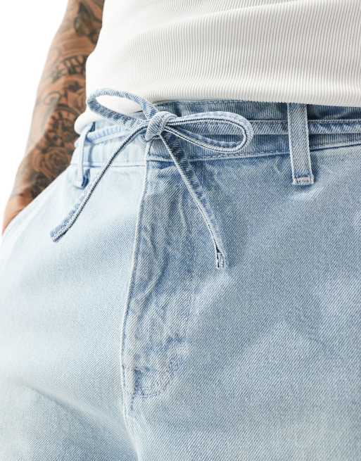 ASOS DESIGN wide hem baggy jeans with self tie in power blue wash, 5 of 5