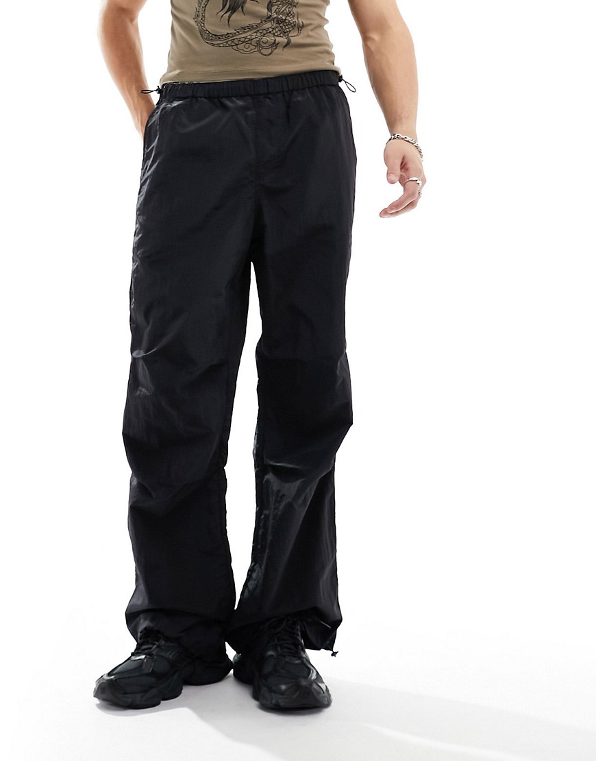 Asos Design Wide Hem Baggy Nylon Pants In Black