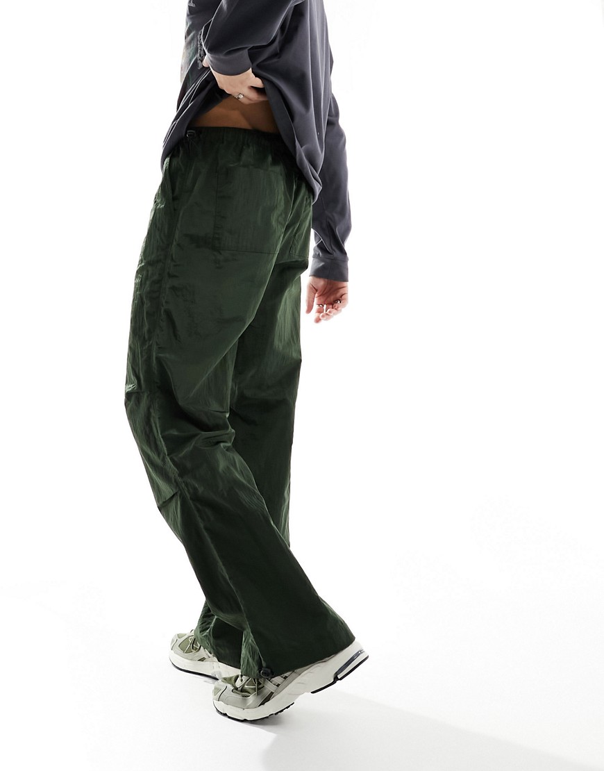 Asos Design Wide Hem Baggy Nylon Pants In Khaki-green